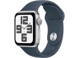 APPLE Watch SE (2023), GPS, 40 mm, Caja de aluminio plata, Vidrio delantero Ion-X, Talla M/L, Correa deportiva azul tempestad
