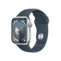 Apple Watch Series 9 (GPS 41 mm) Smartwatch - Kast van zilverkleurig aluminium - Stormblauw sportbandje S/M. Conditie bijhouden, Saturatie-app en Ecg-