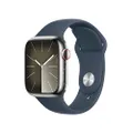 Apple Watch Series 9 [GPS + Cellular 41 mm] med boett i rostfri stålboett silver och Sportband i stormblå – S/M. Träningsmätare, apparna Syrenivå i bl