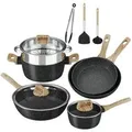 HOMELUX Topf-Set Schwarz Induktions Tu00f6pfe Set mit Antihaftbeschichtung, Holzmaserung, Aluminium (Kochtopf 16/24 cm, Bratpfanne 24/28/28 cm + 3-tlg