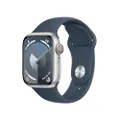 Apple Watch Series 9 (GPS + Cellular, 41 mm) Smartwatch mit Aluminiumgehäuse in Silber und Sportarmband M/L in Sturmblau. Fitnesstracker, Blutsauersto