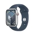 Apple Watch Series 9 [GPS + Cellular 45 mm] med boett i aluminium silver och Sportband i stormblå – M/L. Träningsmätare, apparna Syrenivå i blodet och