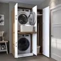 ROOMART Dora Wasmachinekast, wasdroger, wasmachinekast, in 4 kleuren, met deuren en schuifpaneel, wit, eiken antraciet, eiken wit (eiken wit)