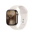 Apple Watch Series 10 (GPS + Cellular 42 mm) Smartwatch - Kast van goudkleurig titanium - Sterrenlicht sportbandje (S/M). Conditie bijhouden, Ecg-app,