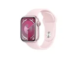 Apple Watch Series 9 (GPS 41 mm) Smartwatch - Kast van roze aluminium - Lichtroze sportbandje S/M. Conditie bijhouden, Saturatie-app en Ecg-app, Alway
