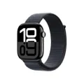 Apple Watch Series 10 (GPS 46 mm) Smartwatch - Kast van gitzwart aluminium - Inkt geweven sportbandje. Conditie bijhouden, Ecg-app, always on Retina-d