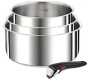 Tefal Ingenio Preference 4-delige Set Steelpan Stapelbaar, Roestvrij staal, geschikt voor inductie, veelzijdige pannen, ruimtebesparend L898S444