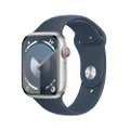 Apple Watch Series 9 (45 mm GPS + Cellular) Smartwatch avec boîtier Aluminium Argent et Bracelet Sport Bleu Orage (M/L). Suivi de l’activité Physique,