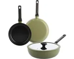 Vaderdagcadeau tip: BK Enjoy keramische inductie pannenset 3-delig - inductie koekenpan 24/28cm - Inductie Wokpan 28cm - PFAS vrij - Olijfgroen - koel
