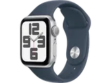 APPLE Watch SE (2023), GPS, 40 mm, Caja de aluminio plata, Vidrio delantero Ion-X, Talla S/M, Correa deportiva azul tempestad