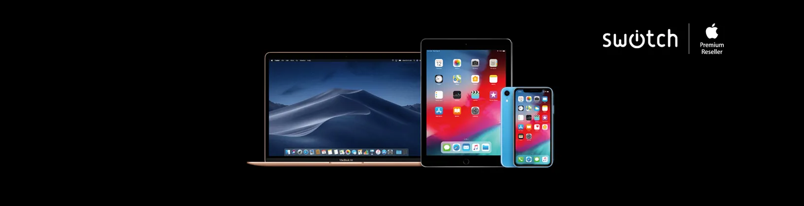 Switch MacBook, iPad, iPhone op zwarte achtergrond